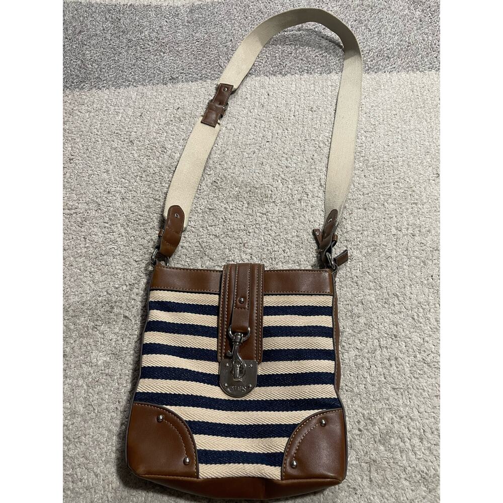 Ralph Lauren Chaps Crossbody Purse Bag Striped White Blue Tan Shoulder
